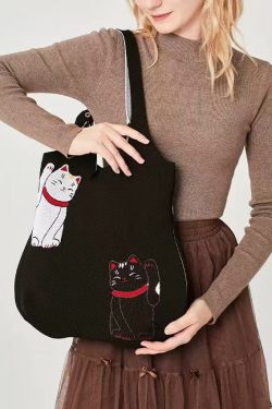 Classy Black Cat Embroidered Solid Durable Cotton Shoulder Bags