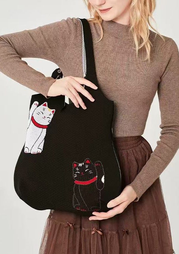 Classy Black Cat Embroidered Solid Durable Cotton Shoulder Bags