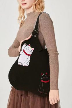 Classy Black Cat Embroidered Solid Durable Cotton Shoulder Bags