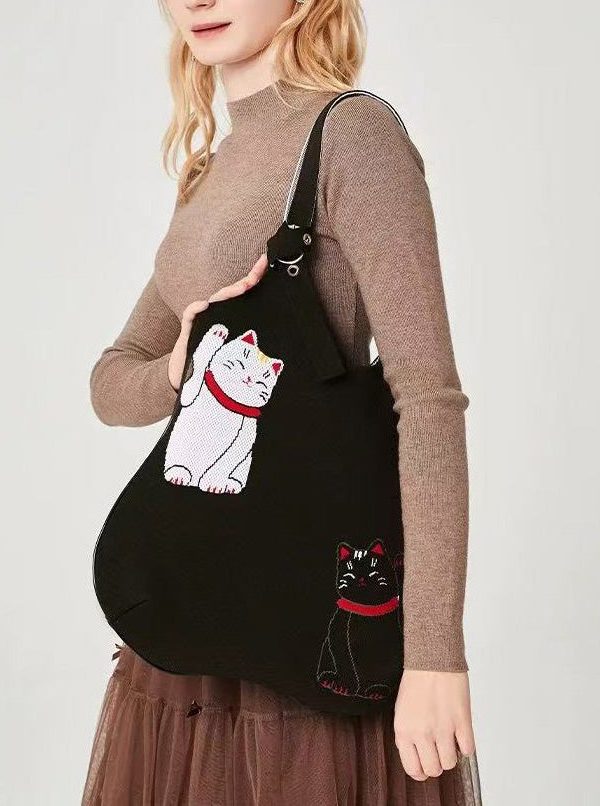 Classy Black Cat Embroidered Solid Durable Cotton Shoulder Bags