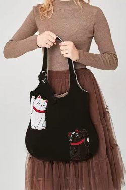 Classy Black Cat Embroidered Solid Durable Cotton Shoulder Bags