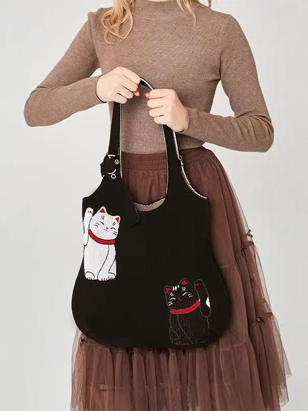 Classy Black Cat Embroidered Solid Durable Cotton Shoulder Bags