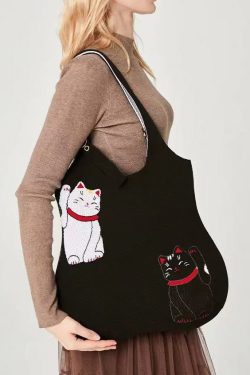 Classy Black Cat Embroidered Solid Durable Cotton Shoulder Bags