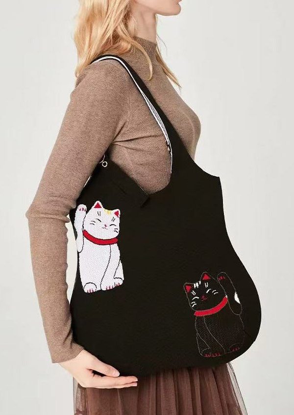 Classy Black Cat Embroidered Solid Durable Cotton Shoulder Bags