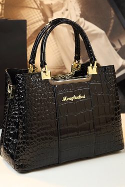 Classy Black Embossed Versatile Calf Leather Tote Handbag