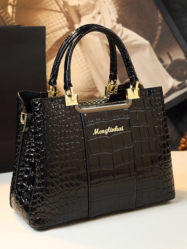 Classy Black Embossed Versatile Calf Leather Tote Handbag