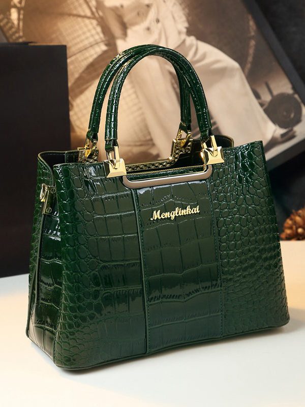 Classy Black Embossed Versatile Calf Leather Tote Handbag