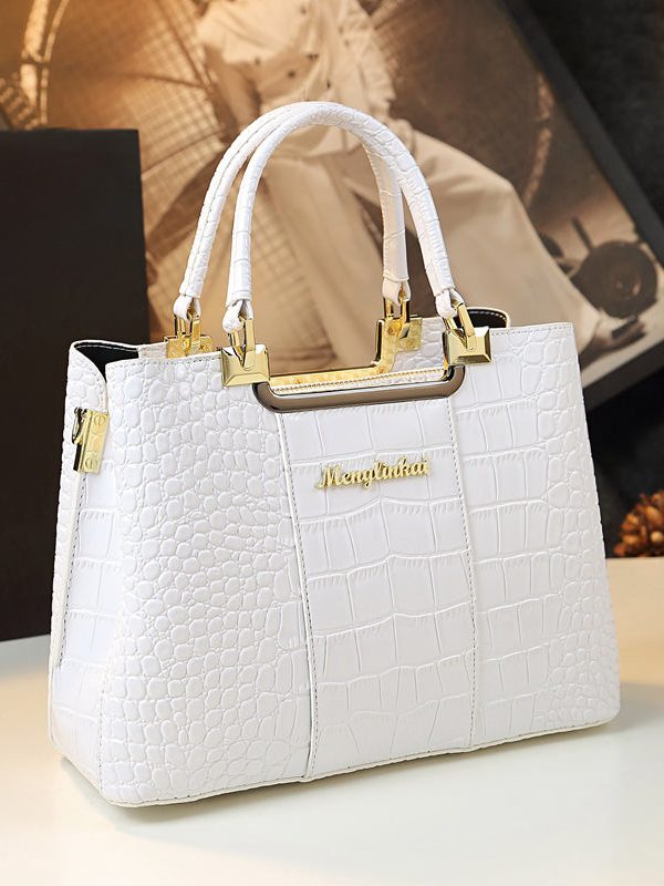 Classy Black Embossed Versatile Calf Leather Tote Handbag