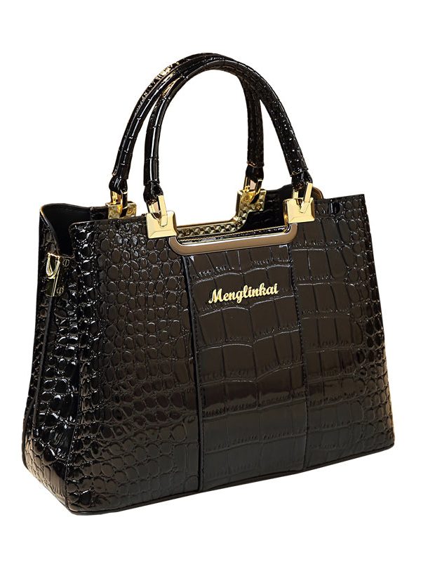 Classy Black Embossed Versatile Calf Leather Tote Handbag