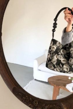 Classy Black Rose Jacquard Nylon Satchel Handbag