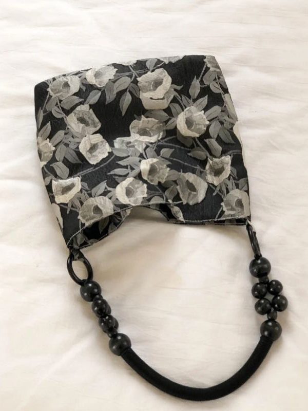 Classy Black Rose Jacquard Nylon Satchel Handbag