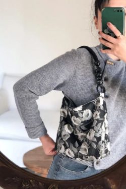 Classy Black Rose Jacquard Nylon Satchel Handbag