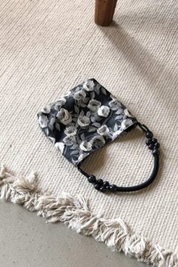 Classy Black Rose Jacquard Nylon Satchel Handbag