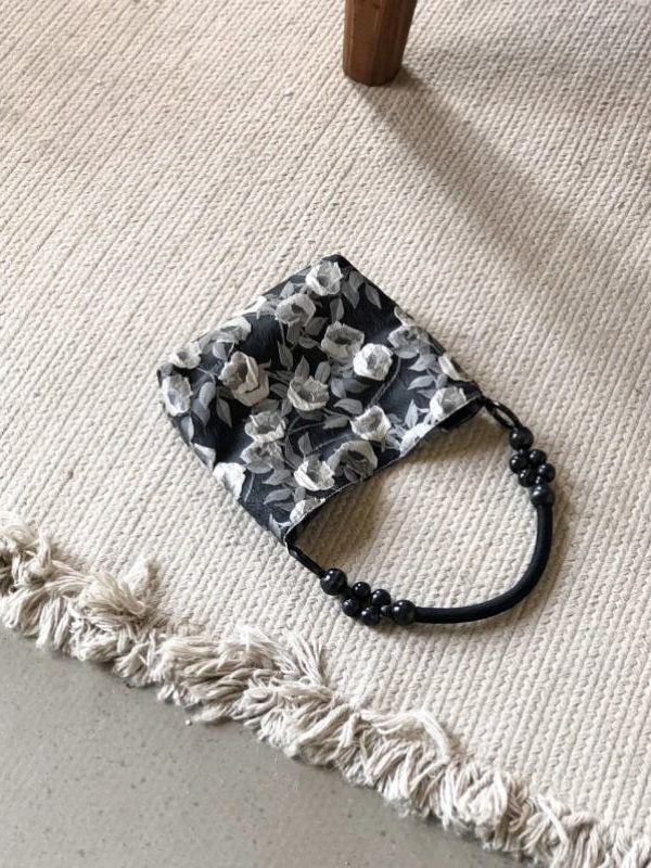 Classy Black Rose Jacquard Nylon Satchel Handbag