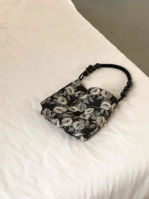 Classy Black Rose Jacquard Nylon Satchel Handbag