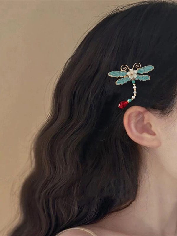 Classy Blue Butterfly Sterling Silver Overgild Enamel Pearl Tassel Hairpin