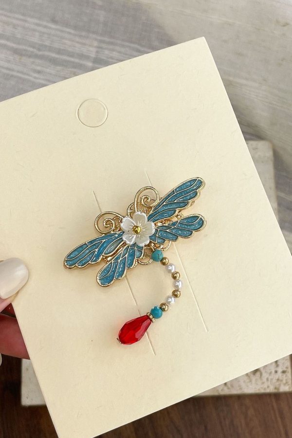 Classy Blue Butterfly Sterling Silver Overgild Enamel Pearl Tassel Hairpin