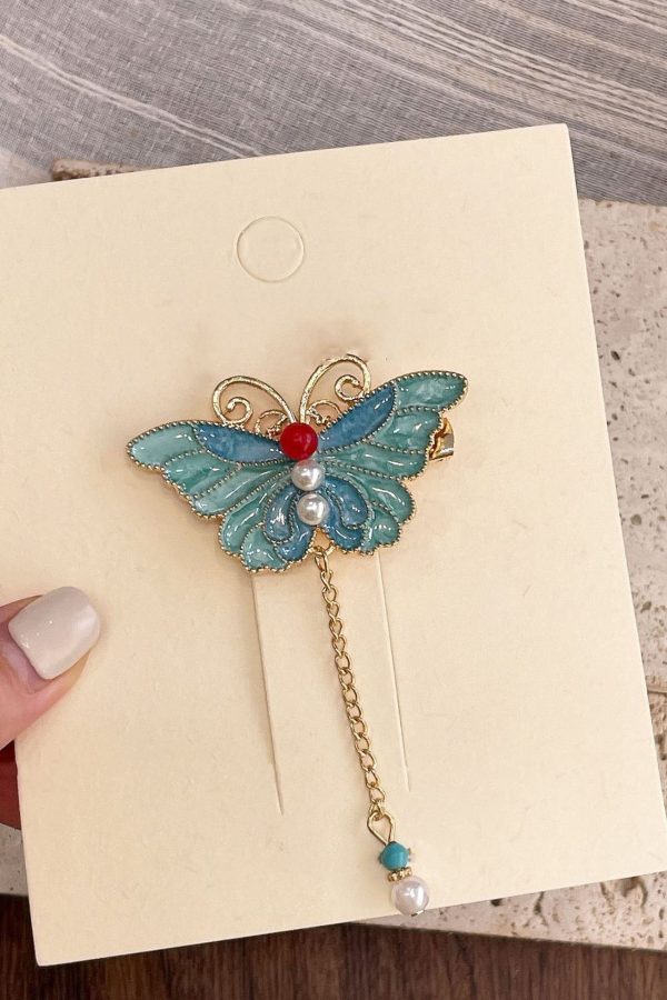 Classy Blue Butterfly Sterling Silver Overgild Enamel Pearl Tassel Hairpin