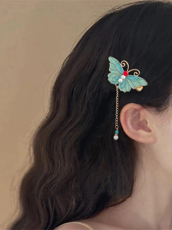 Classy Blue Butterfly Sterling Silver Overgild Enamel Pearl Tassel Hairpin