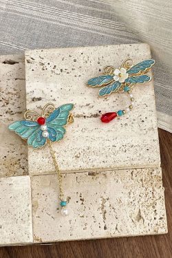 Classy Blue Butterfly Sterling Silver Overgild Enamel Pearl Tassel Hairpin