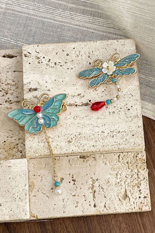 Classy Blue Butterfly Sterling Silver Overgild Enamel Pearl Tassel Hairpin