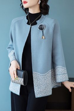 Classy Blue O-Neck Patchwork Knit Coats Spring