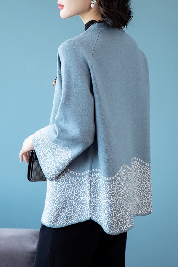 Classy Blue O-Neck Patchwork Knit Coats Spring