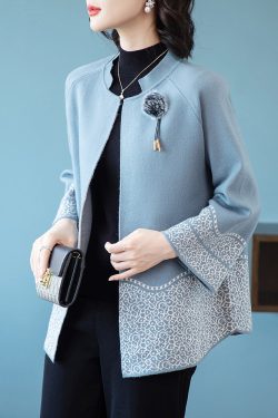 Classy Blue O-Neck Patchwork Knit Coats Spring