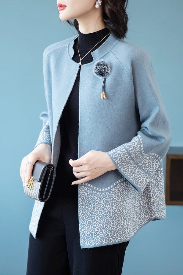 Classy Blue O-Neck Patchwork Knit Coats Spring