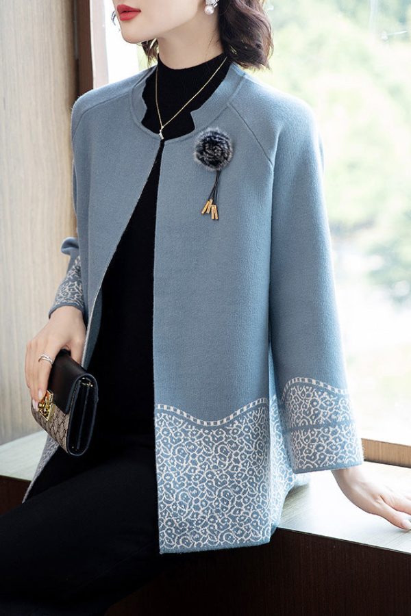Classy Blue O-Neck Patchwork Knit Coats Spring