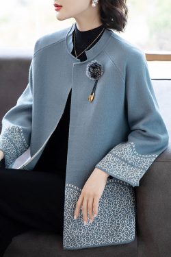 Classy Blue O-Neck Patchwork Knit Coats Spring