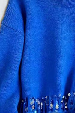 Classy Blue O Neck Sequins Patchwork Knit Sweaters Spring