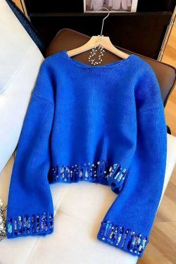 Classy Blue O Neck Sequins Patchwork Knit Sweaters Spring
