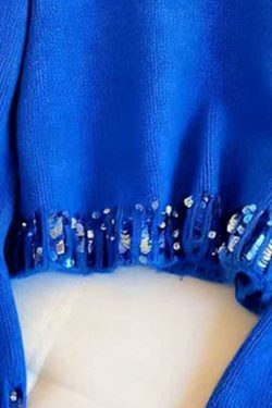Classy Blue O Neck Sequins Patchwork Knit Sweaters Spring