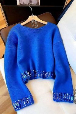 Classy Blue O Neck Sequins Patchwork Knit Sweaters Spring