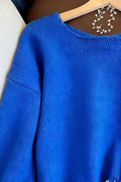 Classy Blue O Neck Sequins Patchwork Knit Sweaters Spring