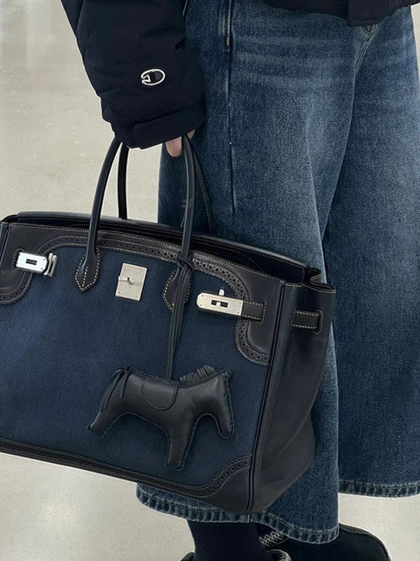 Classy Blue Patchwork Canvas Durable Tote Bag