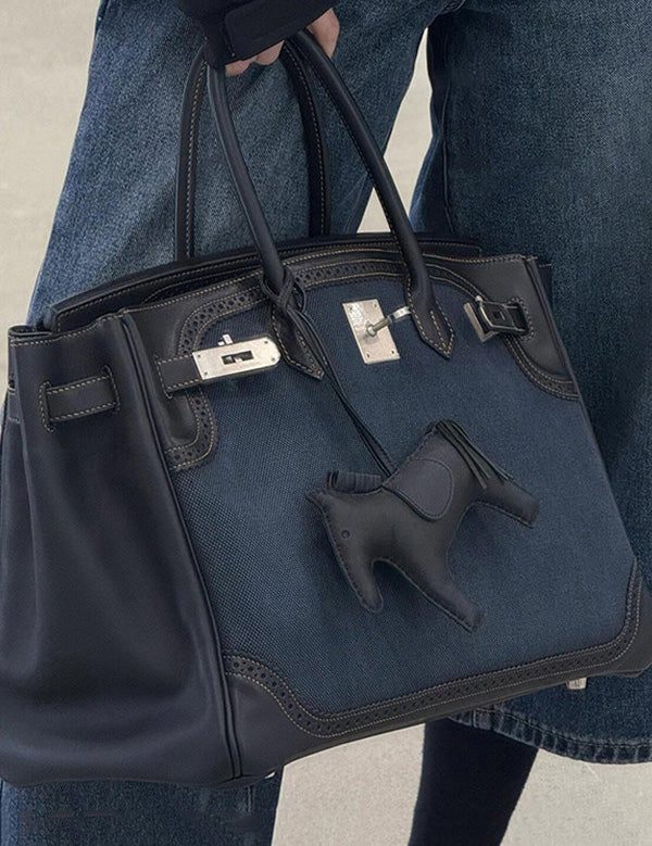 Classy Blue Patchwork Canvas Durable Tote Bag