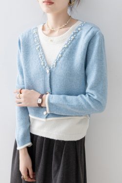 Classy Blue V Neck Nail Bead Patchwork False Two Pieces Knit Sweaters Spring