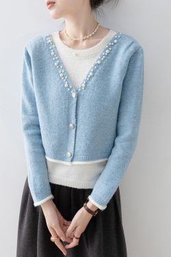 Classy Blue V Neck Nail Bead Patchwork False Two Pieces Knit Sweaters Spring