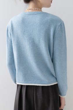 Classy Blue V Neck Nail Bead Patchwork False Two Pieces Knit Sweaters Spring