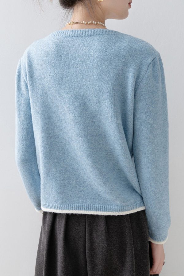 Classy Blue V Neck Nail Bead Patchwork False Two Pieces Knit Sweaters Spring