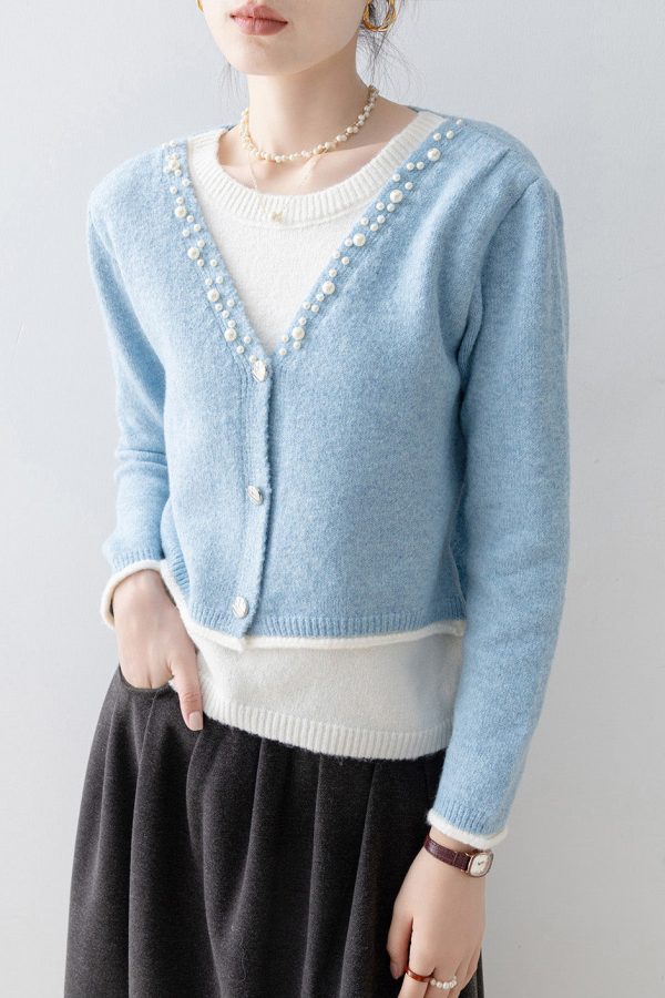 Classy Blue V Neck Nail Bead Patchwork False Two Pieces Knit Sweaters Spring