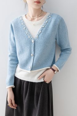 Classy Blue V Neck Nail Bead Patchwork False Two Pieces Knit Sweaters Spring