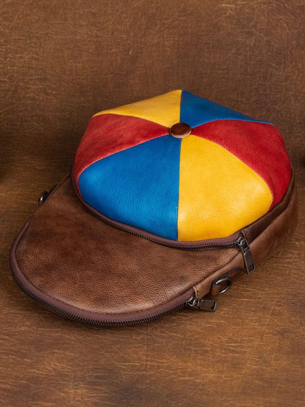 Classy Brown Colorblock Paitings Calf Leather Backpack Bag