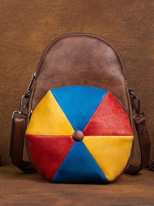 Classy Brown Colorblock Paitings Calf Leather Backpack Bag