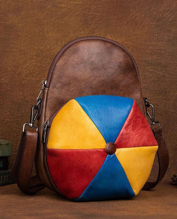 Classy Brown Colorblock Paitings Calf Leather Backpack Bag