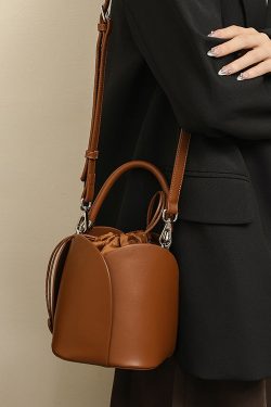 Classy Brown Drawstring Durable Faux Leather Bucket Bag