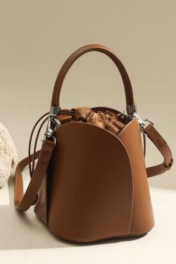 Classy Brown Drawstring Durable Faux Leather Bucket Bag