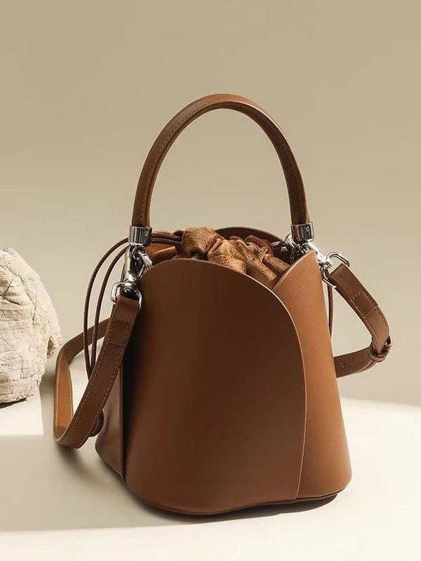 Classy Brown Drawstring Durable Faux Leather Bucket Bag